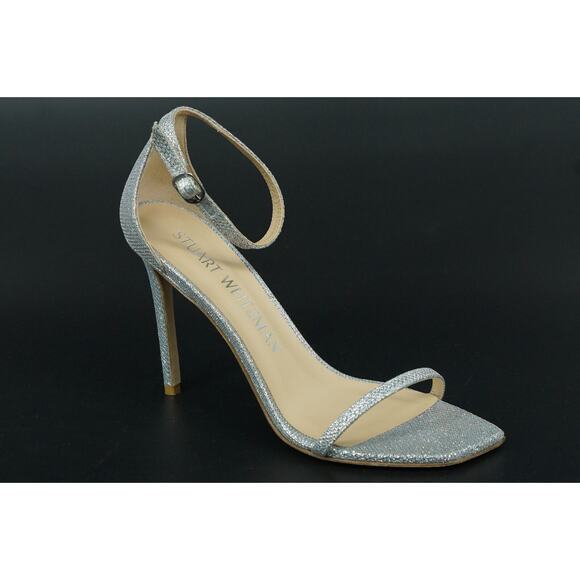 Stuart Weitzman Nudistcurve 100 Silver Glitter Ankle Strappy Sandals SZ 10 $495 - Picture 1 of 12